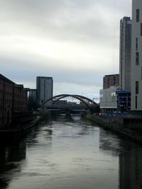 Bridge over river by buildings against sky