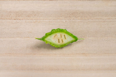 High angle view of leaf on table