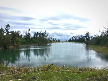 Scenic view of lake against cloudy sky