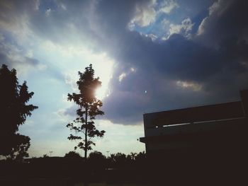 Low angle view of trees against cloudy sky