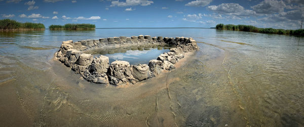 Scenic view of rocks in lake against sky