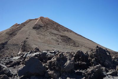 Panoramic view of rocky mountains against clear blue sky