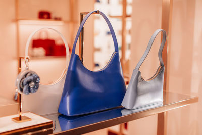 Bright blue and white leather women's handbags with gold clasp. fashion details and accessories