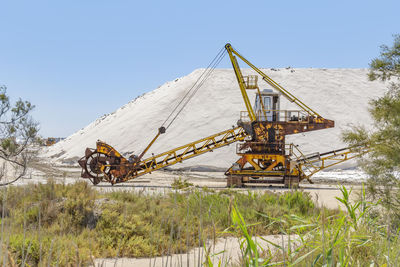 Cranes at construction site against clear sky