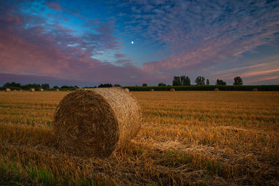 A large bale of hay on a stubble field and a beautiful sunset on an august evening, eastern poland