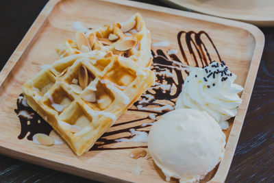 High angle view of dessert in plate on table