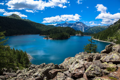 Scenic view of lake and mountains against sky