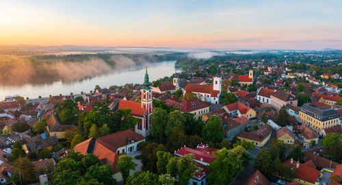 Aerial view about the belgrade serbian orthodox cathedral and st. john's parish church in szentendre