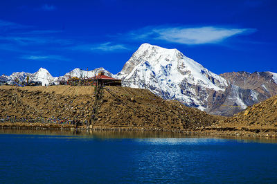 Scenic view of lake and snowcapped mountains against blue sky