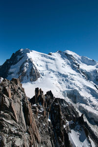 Scenic view of snowcapped mountains against clear blue sky