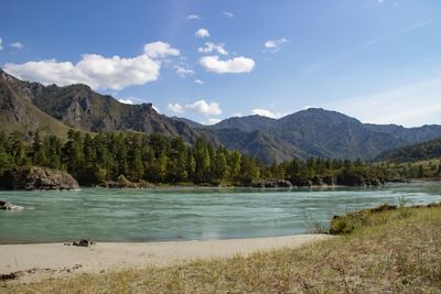 Scenic view of lake and mountains against sky