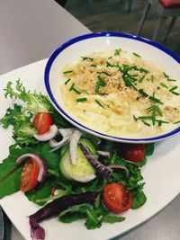 High angle view of salad in plate on table