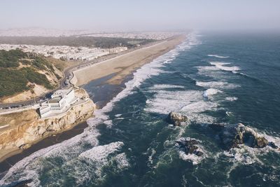 High angle view of sea against clear sky