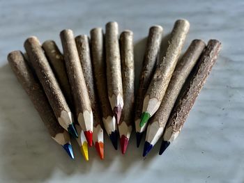 High angle view of colored pencils on table