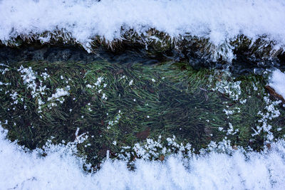 High angle view of snow covered land