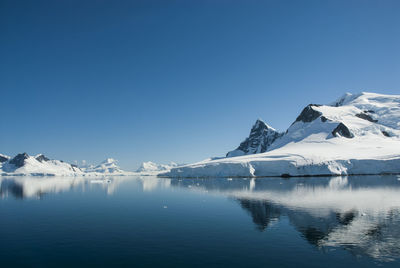 Scenic view of snowcapped mountains against clear blue sky