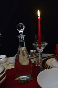 Close-up of lit candles on table