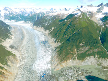 Panoramic view of snowcapped mountains by sea