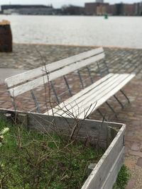 Close-up of wood on grass by water