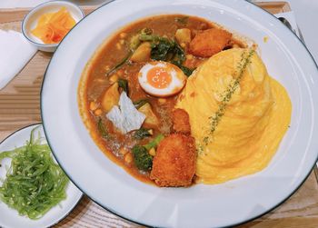 High angle view of food served on table