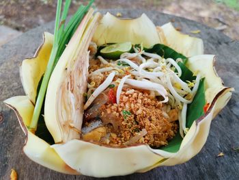 High angle view of food in plate on table