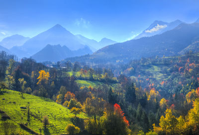 Scenic view of mountains against sky during autumn