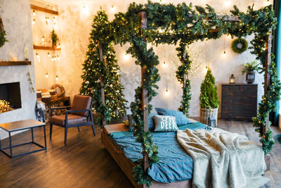 View of decorated bed at home during christmas