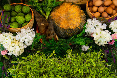 High angle view of various flowers in basket