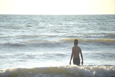 Rear view of shirtless man standing on beach against clear sky
