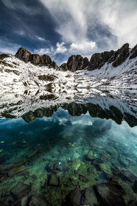 Stunning wild nature scenery with rough snowy rocky peaks reflected in smooth water surface of calm transparent clear lake in pyrenees mountains