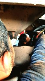 Rear view of people sleeping in bus