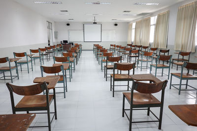 Empty chairs and tables in classroom