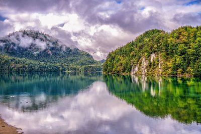 Scenic view of lake by trees against sky