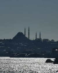 Panoramic view of buildings in city against clear sky