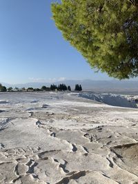 Aerial view of city at salt terraces at pamukkale in turkey 