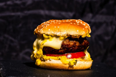 Close-up of burger on table