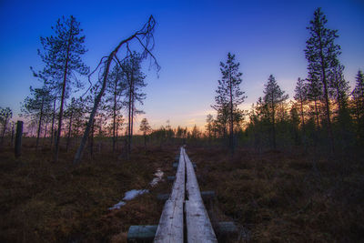 Railroad track amidst trees against sky during sunset