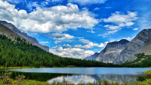 Scenic view of lake against cloudy sky