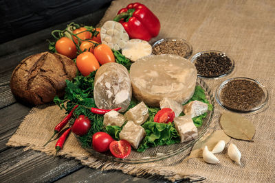 High angle view of vegetables on table