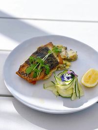 High angle view of food in plate on table