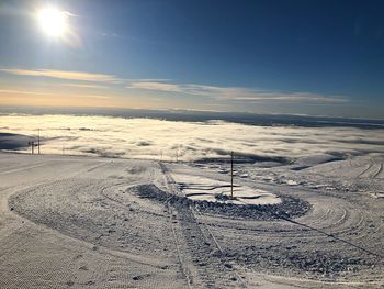 Scenic view of snow covered landscape against sky