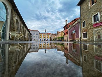 Reflection of buildings in lake against sky