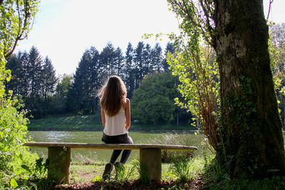 Rear view of woman sitting on bench against trees