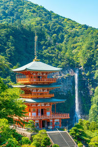 View of temple building against trees