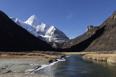 Scenic view of lake by snowcapped mountains against sky