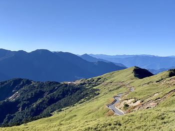 Scenic view of mountains against clear blue sky