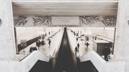 High angle view of people in bus