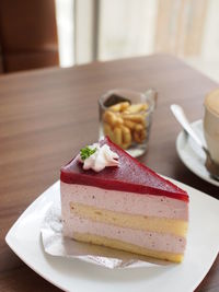 Close-up of dessert served on table