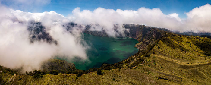 Panoramic view of volcanic landscape against sky