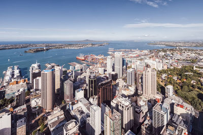 High angle view of city buildings against sky